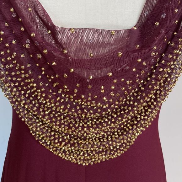 Cachet Gown Maxi Gold Beads Front & Back Neckline Burgundy Color Formal Gown - Picture 8 of 13